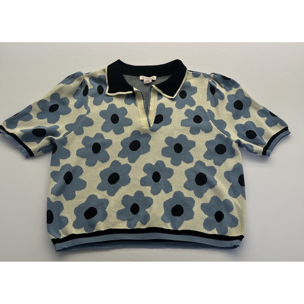 Nanette Lepore Blue Floral Knit Polo Sweater Top Women's Large Short Sleeve